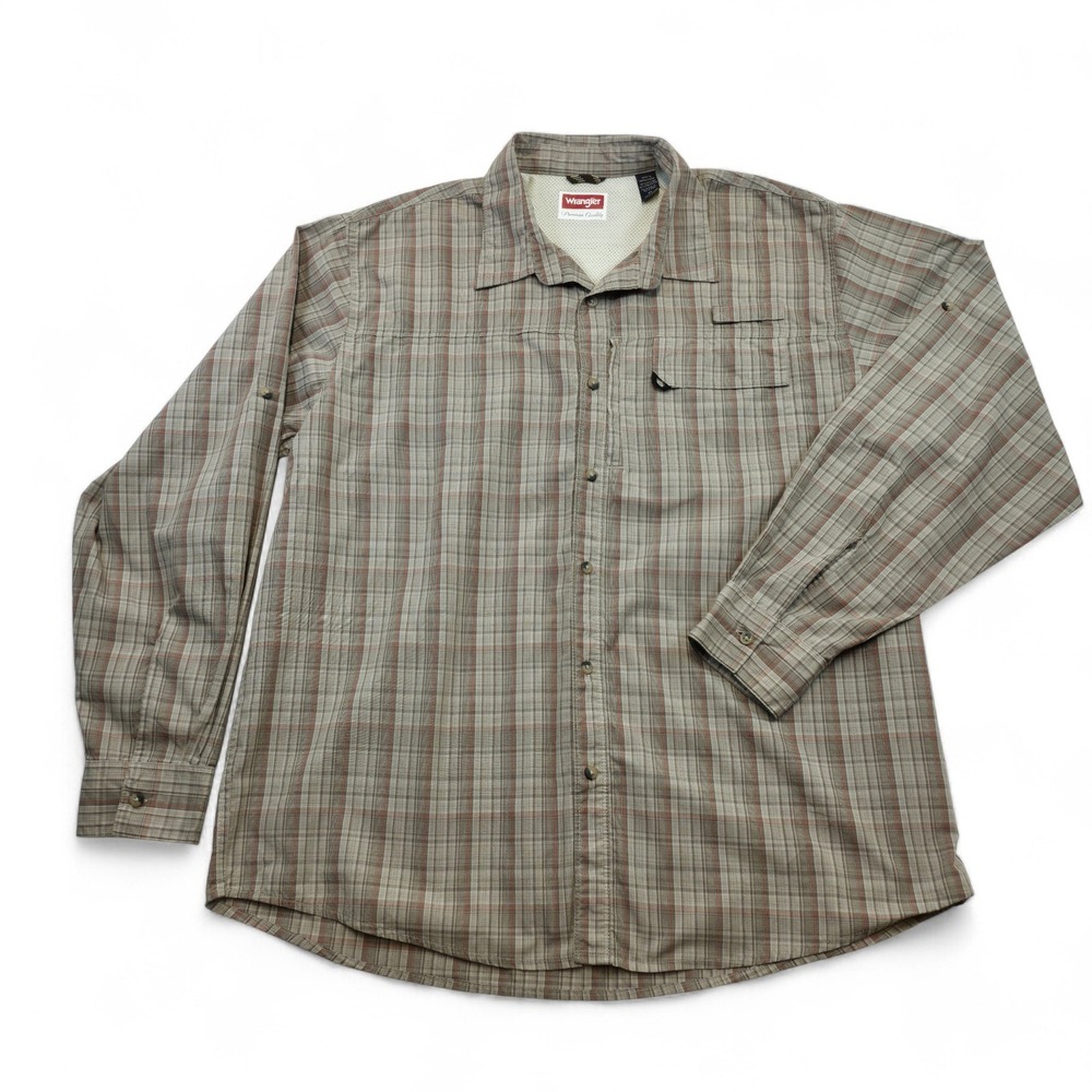 Wrangler Premium Quality Plaid Outdoor Fishing Shirt XL Brown Beige Mesh Lined